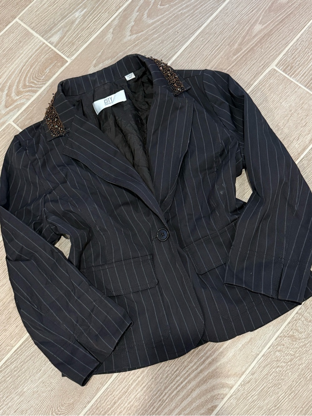 DKNY Pinstripe Blazer with Beaded Collar